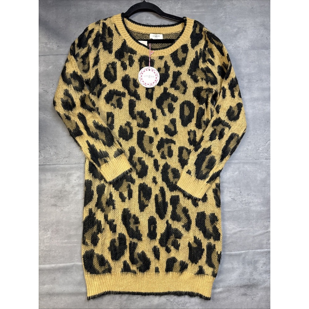 NWT Umgee brushed knit long-sleeve leopard print sweater dress Fuzzy Texture Sm
